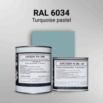 Laque polyuréthane professionnelle en RAL 6034 Turquoise pastel pour vos supports bruts. Finition durable, haute adhérence et séchage rapide.