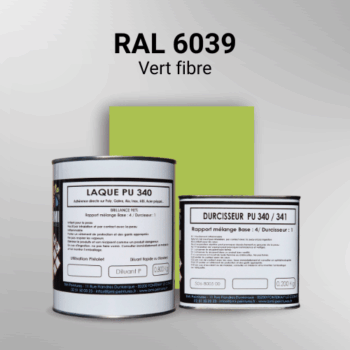Laque polyuréthane professionnelle en RAL 6039 Vert fibre pour vos supports bruts. Finition durable, haute adhérence et séchage rapide.