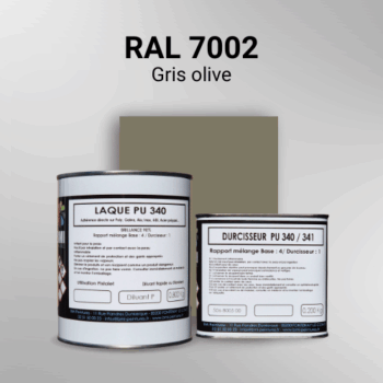 Laque polyuréthane professionnelle en RAL 7002 Gris olive pour vos supports bruts. Finition durable, haute adhérence et séchage rapide.