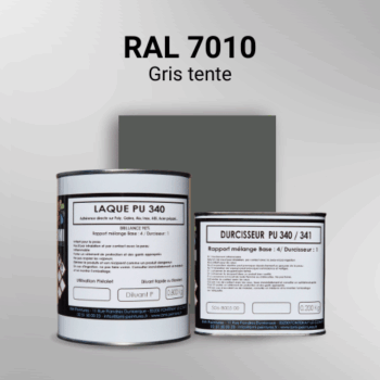 Laque polyuréthane professionnelle en RAL 7010 Gris tente pour vos supports bruts. Finition durable, haute adhérence et séchage rapide.