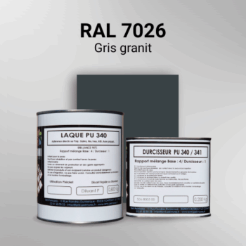 Laque polyuréthane professionnelle en RAL 7026 Gris granit pour vos supports bruts. Finition durable, haute adhérence et séchage rapide.
