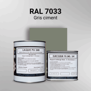 Laque polyuréthane professionnelle en RAL 7033 Gris ciment pour vos supports bruts. Finition durable, haute adhérence et séchage rapide.