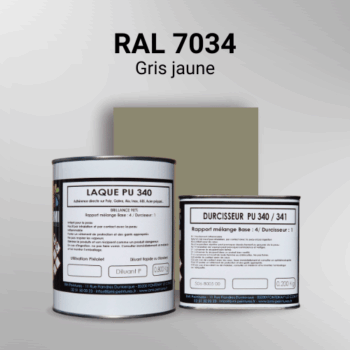 Laque polyuréthane professionnelle en RAL 7034 Gris jaune pour vos supports bruts. Finition durable, haute adhérence et séchage rapide.