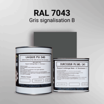 Laque polyuréthane professionnelle en RAL 7043 Gris signalisation B pour vos supports bruts. Finition durable, haute adhérence et séchage rapide.