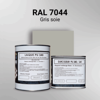 Laque polyuréthane professionnelle en RAL 7044 Gris soie pour vos supports bruts. Finition durable, haute adhérence et séchage rapide.