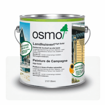 Peinture de campagne blanc Osmo pour façades bois : protection durable, finition microporeuse, résistante aux intempéries. Facile à appliquer.
