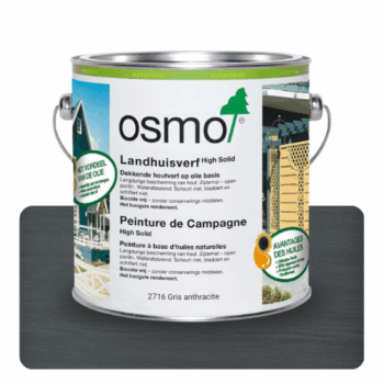 Peinture de campagne Osmo gris anthracite pour façades bois : protection durable, finition microporeuse, résistante aux intempéries et facile à appliquer.