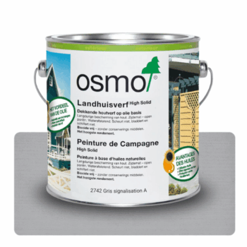 Peinture de campagne gris signalisation Osmo pour façades bois : protection durable, finition microporeuse, résistante aux intempéries. Facile à appliquer.
