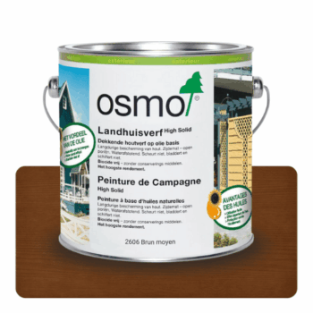 Peinture de campagne brun moyen Osmo pour façades bois : protection durable, finition microporeuse, résistante aux intempéries et facile à appliquer.